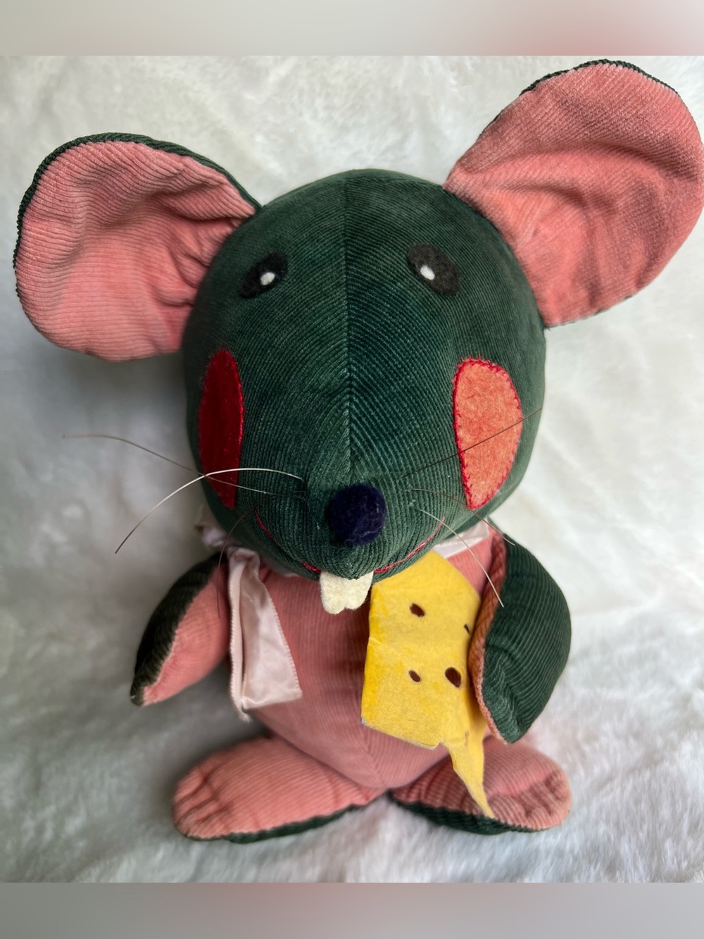 Vintage Corduroy Mouse Plush Holding Cheese Pink Green Stuffed Animal 10”